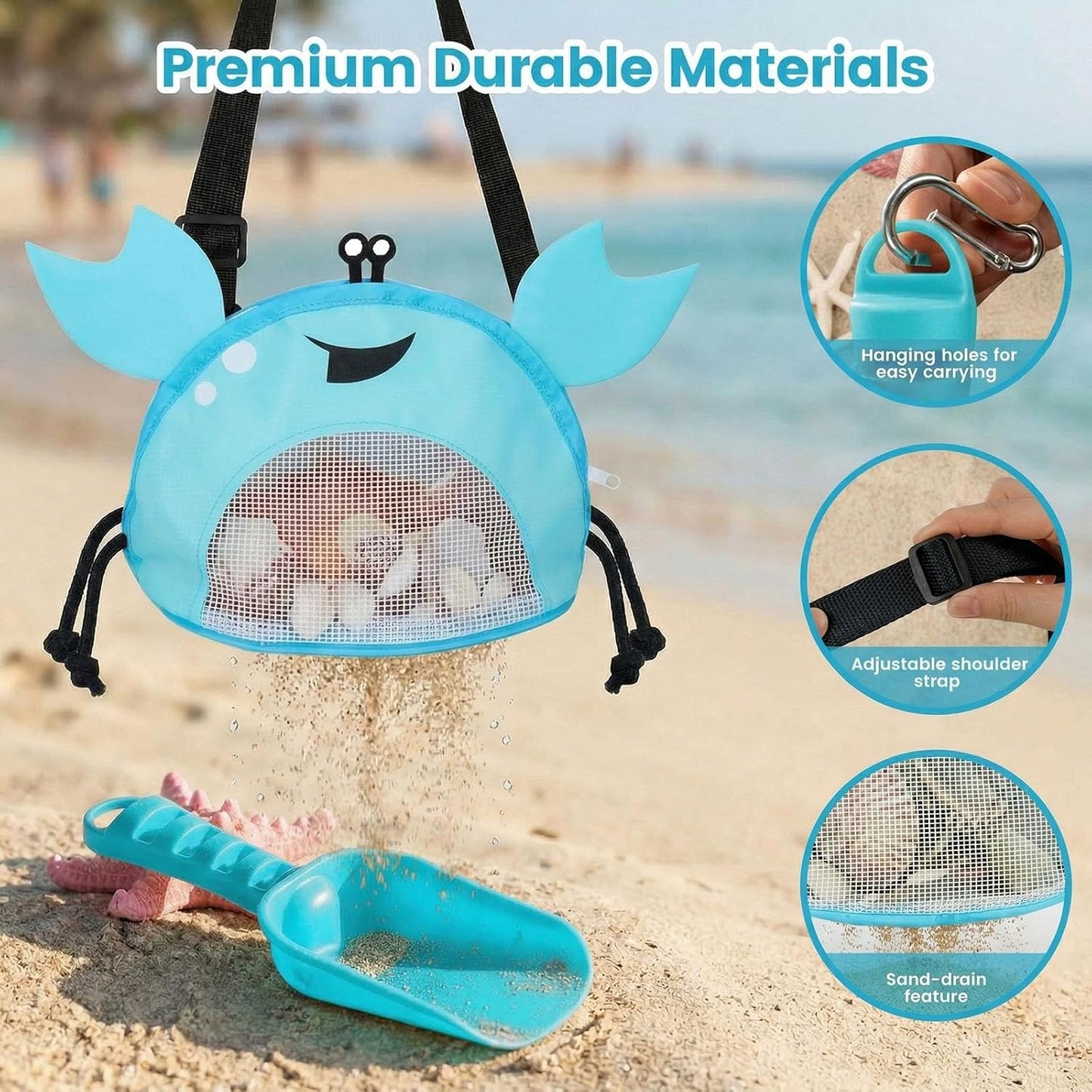 AMOR PRESENT Mesh Baby Beach Bag, Shell Collecting Bag with Shovel Crab-Shaped Adjustable Strap for Holding Shell Sea Pool Sand Toy, Blue