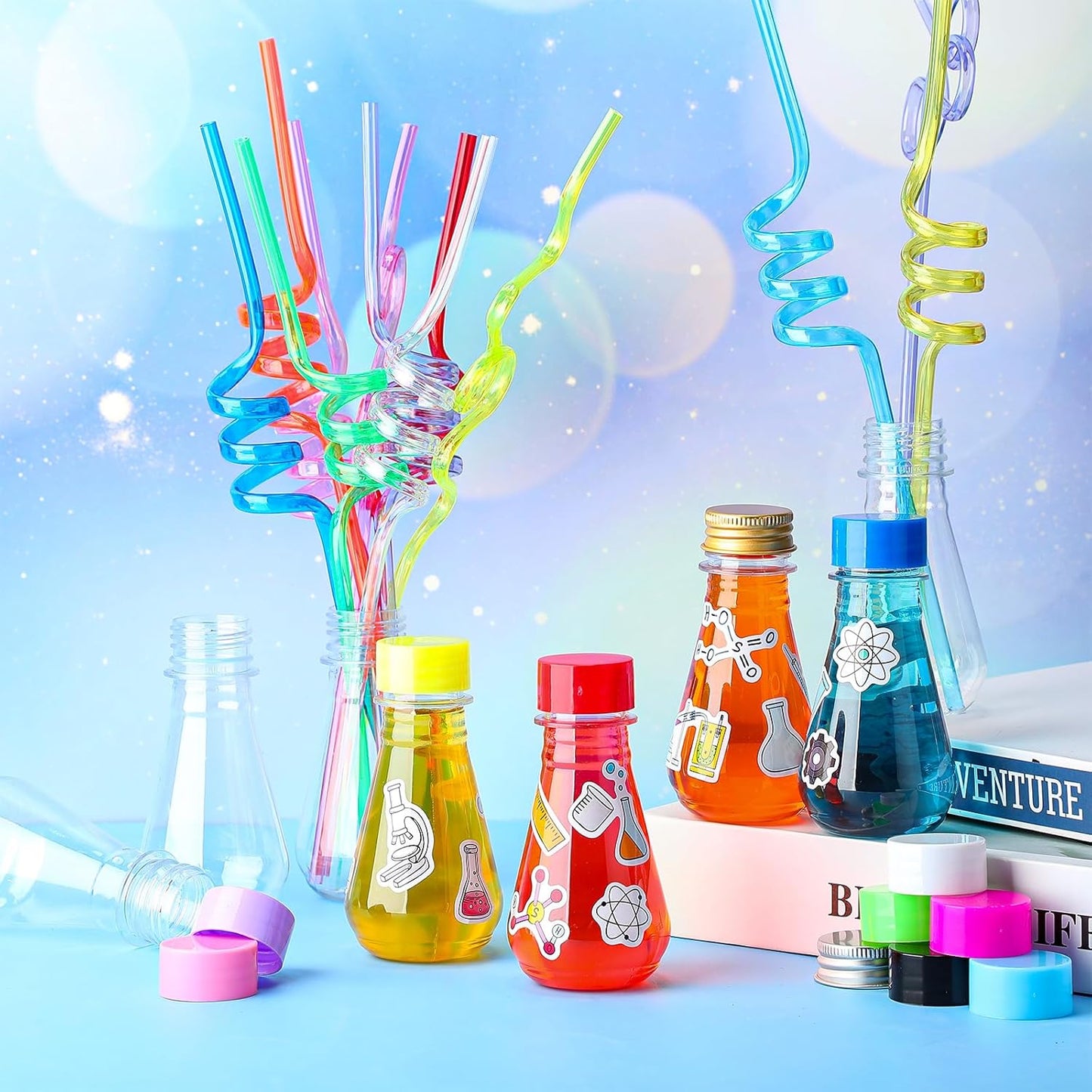 Jingmore 36 Pcs Science Party Theme Cups Set with Silly Loop Straws Science Stickers Plastic Reusable Small Conical Flask Bottles Test Tubes for Birthday Party Decorations(Spherical Bottles)