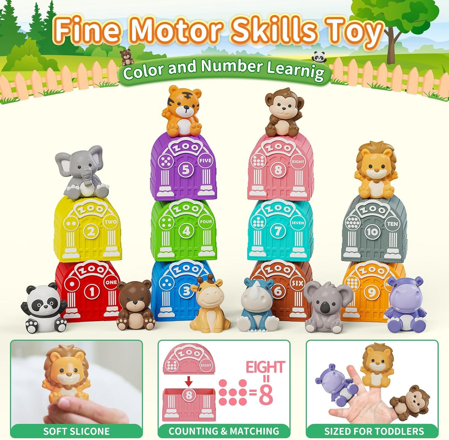 Learning Toy for Toddlers 1 2 3 Year Old, 10 Farm Animal Toys & 10 Barns, Counting, Matching & Sorting Montessori Educational Sensory Toys, Christmas Birthday Easter Gift for Baby Boy Girl 1-3
