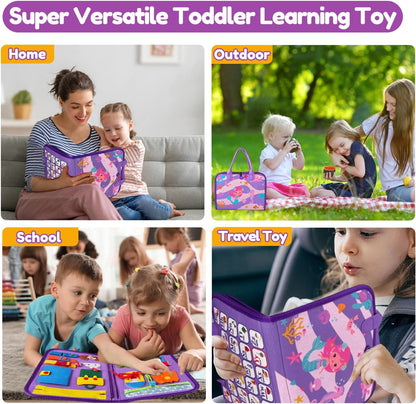Qizfun Toddler Busy Board Montessori Toys – Sensory Busy Book, Educational Learning Travel Toy for Airplane & Car, Keeps Toddlers Entertained, Birthday Gifts for Toddler Boys Girls (Blue/P8)