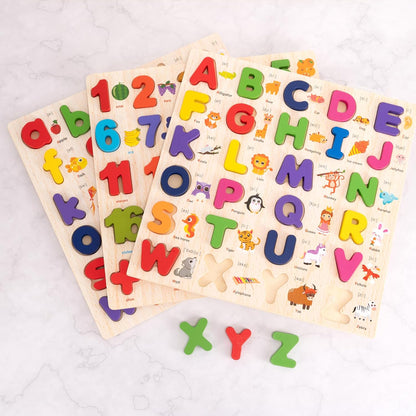 Wooden Alphabet Puzzle for Toddlers, 3 in 1 Lower Case Letter Puzzles ABC Uppercase & Lowercase & Number Puzzle Set for Preschoolers Kids Ages 3-5 Alphabet Learning Educational Toy