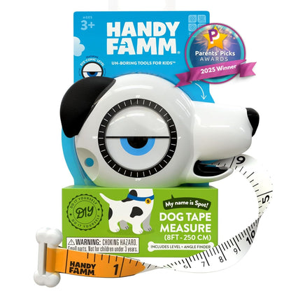 Handy Famm Roscoe the Dog 4-in-1 Kids Tape Measure with Adjustable Level Eye, Angle Finder & Eraser Ears – Montessori STEM Educational Toy for Children Ages 3+, Real Measuring Tool for Learning