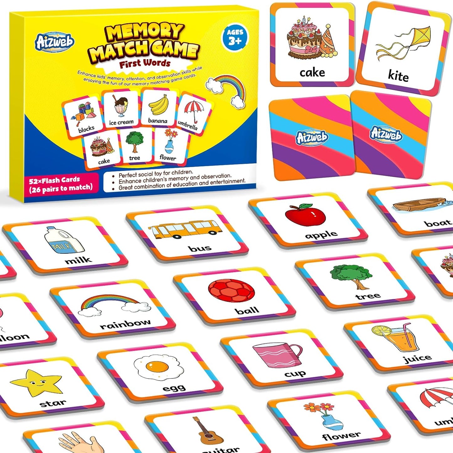 Aizweb CVC Word Match Game - 60 Pc Toddler Card Games for Kids Ages 3-6, Phonics Flash Cards for Preschool & Kindergarten Learning Activities, Educational Toys for Home School Supplies