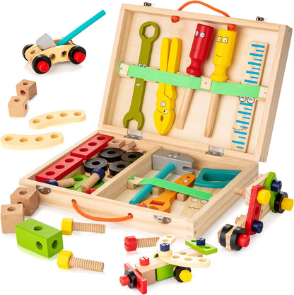 WOOOMAM Kids Tool Set, 90 PCS Wooden Toddler Tool Set with Box and Flash Cards, Tool Kit for Kids Age 3-5 Years, Toddler Boy Toys, FSC Certified Material