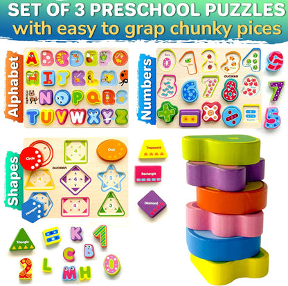 QUOKKA Wooden Puzzles for Toddlers 1-3 – 3xSET Toddler Puzzles Ages 2-4 – Montessori Animal Chunky Puzzle for Kids 3-5 – Wood Learning Toy for Boy and Girl – FSC Certified Wood