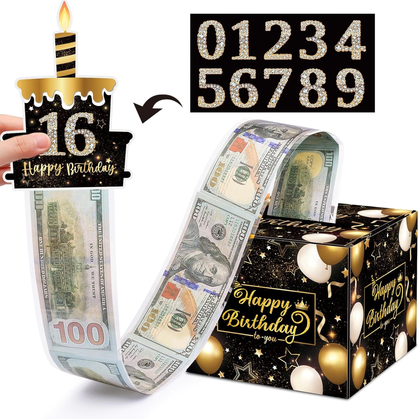 Birthday Money Box for Cash Gift Pull, Surprise Gift Boxes for Money, Money Holder Box with Pull Out Happy Birthday Card and 50Pcs Transparent Bags, Money Gift Ideas for Kids and Adults