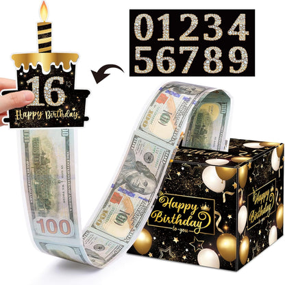 Birthday Money Box for Cash Gift Pull, Surprise Gift Boxes for Money, Money Holder Box with Pull Out Happy Birthday Card and 50Pcs Transparent Bags, Money Gift Ideas for Kids and Adults