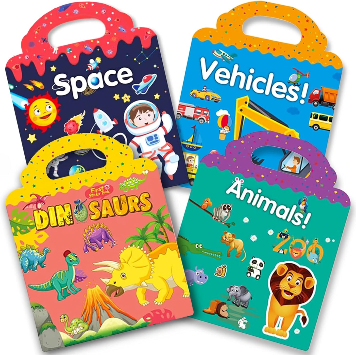 RUSON Reusable Sticker Book for Kids, 2 Sets Educational Learning Toys Travel Stickers Activity Books for Toddler Girls Boys Age 3+ Birthday Gifts - Vehicle & Dinosaur
