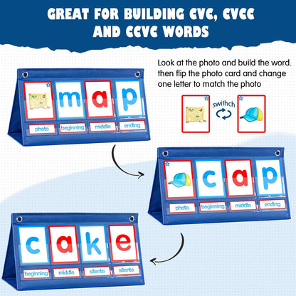 KIKIGOAL CVC Word Builder Desktop Pocket Chart Tent Cards Kit Phonics Games Flash Cards for Preschool Kindergarten Classroom Spelling Educational Toy for Kids Autism Special Education