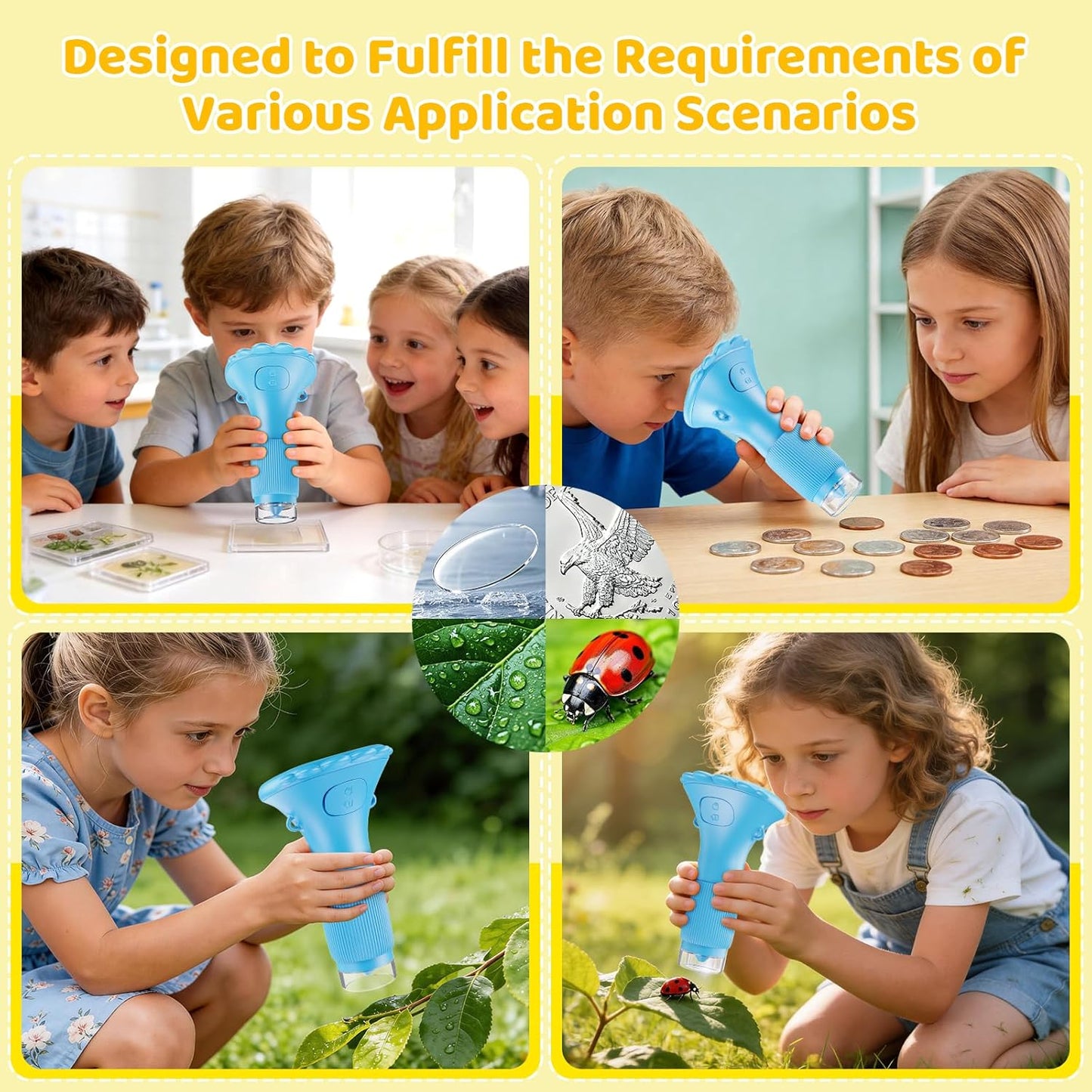 Kids Magnifying Glass, 2.0 Inch Digital Screen Mini Pocket Microscope for Bug - 200x Zoom Handheld Microscope with Adjustable Lights, Edu Birthday Gifts for Age 3-12 Girls