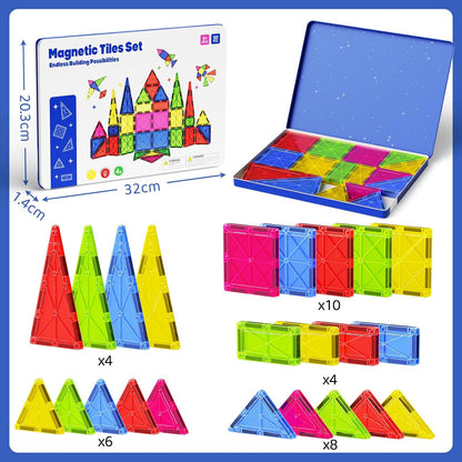 42PCS Mini Magnetic Tiles Travel Set with Iron Storage Box - Portable STEM Building Blocks for Kids 3-8, Montessori Educational Magnet Toys for Airplane, Car Rides & On-The-Go Play