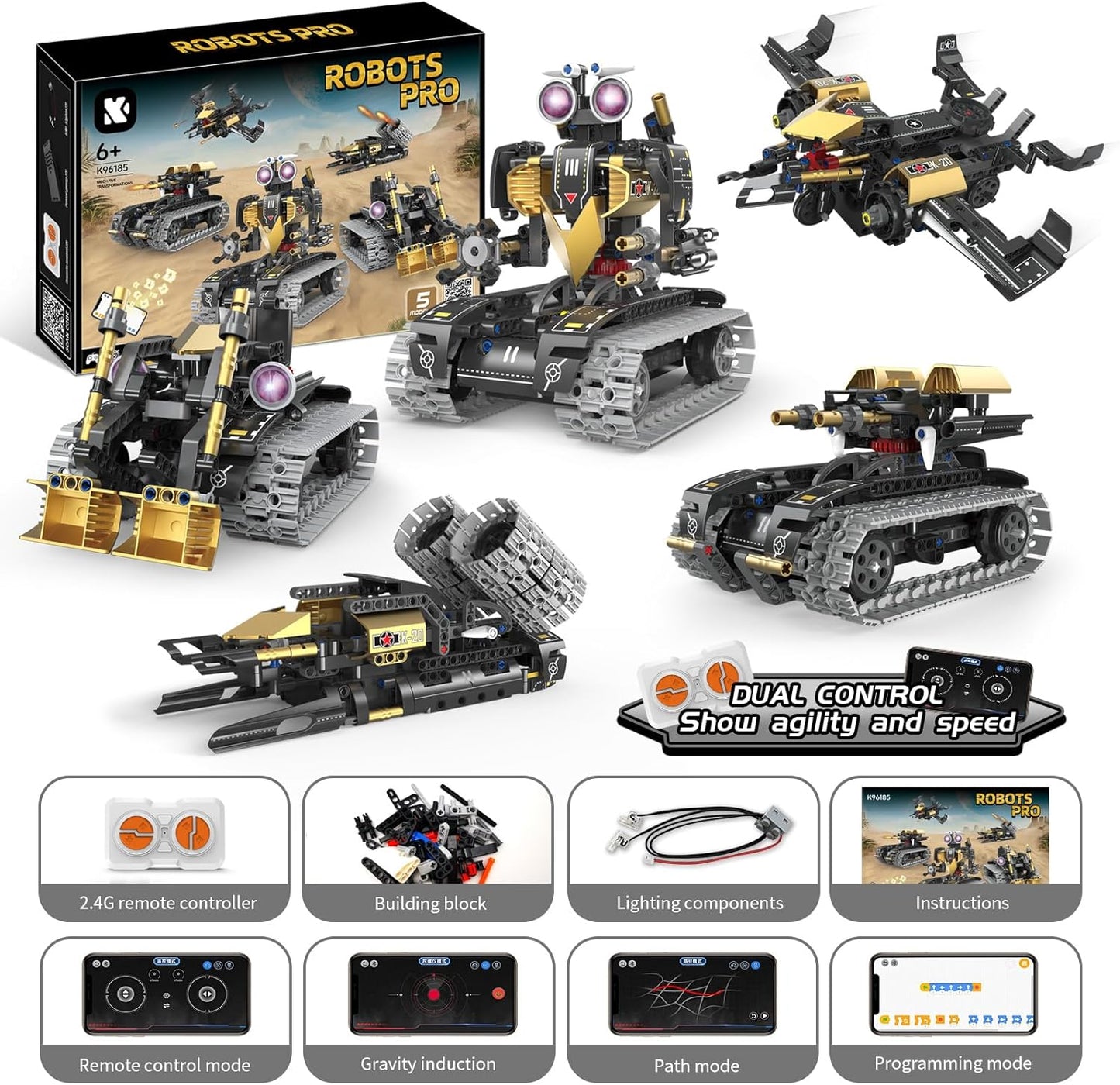 5-in-1 RC Robot Building Kit for Kids, APP & Remote Control STEM Robotics Technic Coding Robotic Toys, Erector Set with 323 Pcs, Educational Toy for Boys Girls Age 8 9 10 11 12 13 14+
