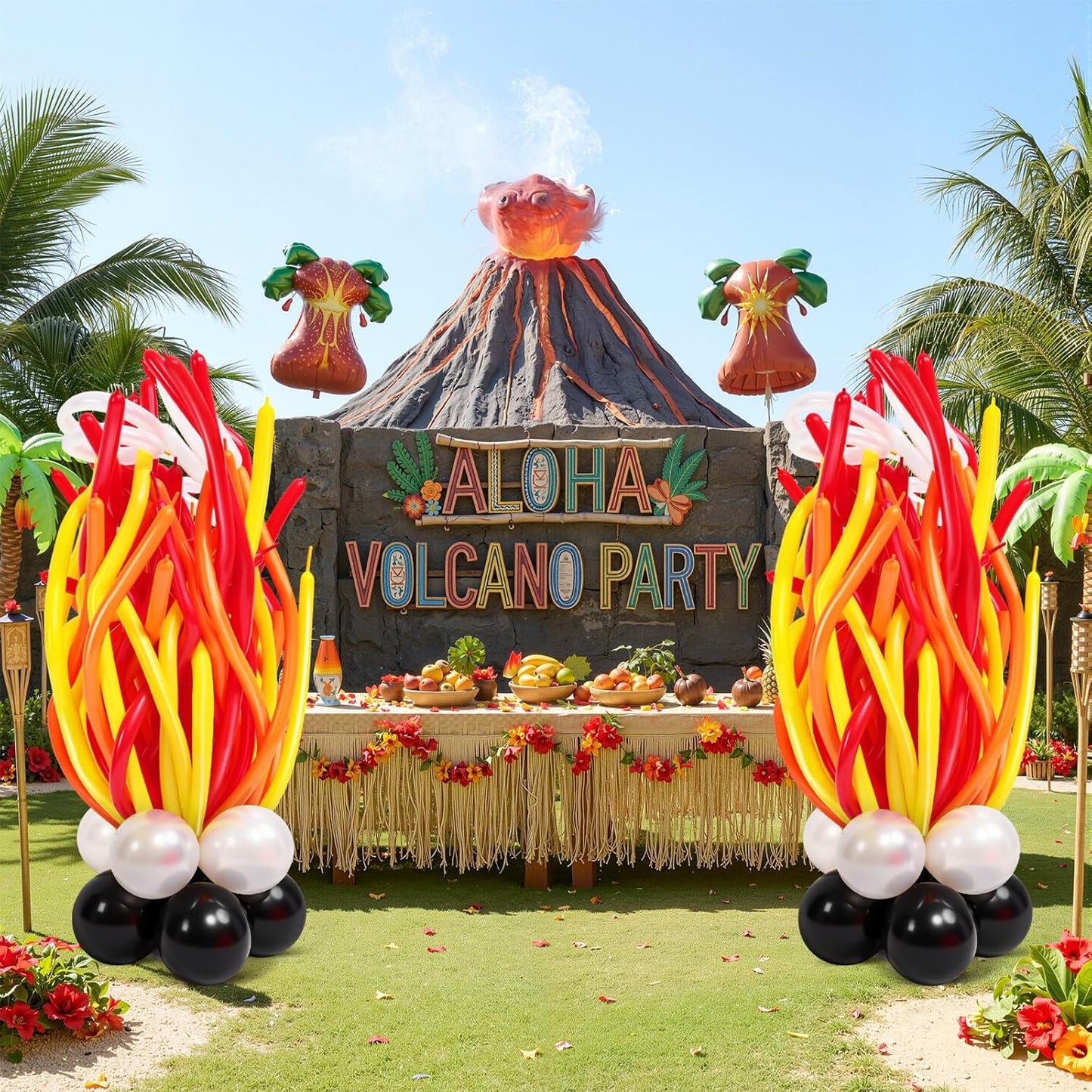 126 Pcs Volcano Birthday Party Decoration Lava Volcano Balloons Set Red Orange Yellow Black Sliver Flame Latex Balloons for Science Dinosaur Lava Luau Hawaiian Fire Party Decor Supplies