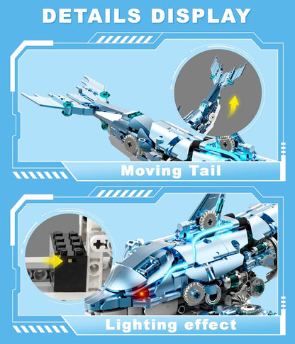 Moving Mechanical Dolphin Building Set - Hand Crank Model Kit with Swimming Tail, Movable Jaw & Glowing Lights | STEM Educational Toy & Unique Desk Decor for Ages 8+, Adults, Blue
