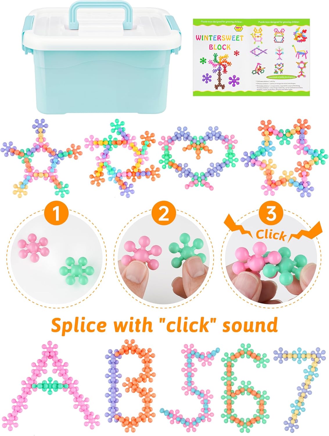 Snowflake Interlocking Building Block Educational Toy 300PCS for Kids Ages 3+, Multi-Color Solid Plastic Early Learning Creativity STEM Toy with Carrying Case Safe Material