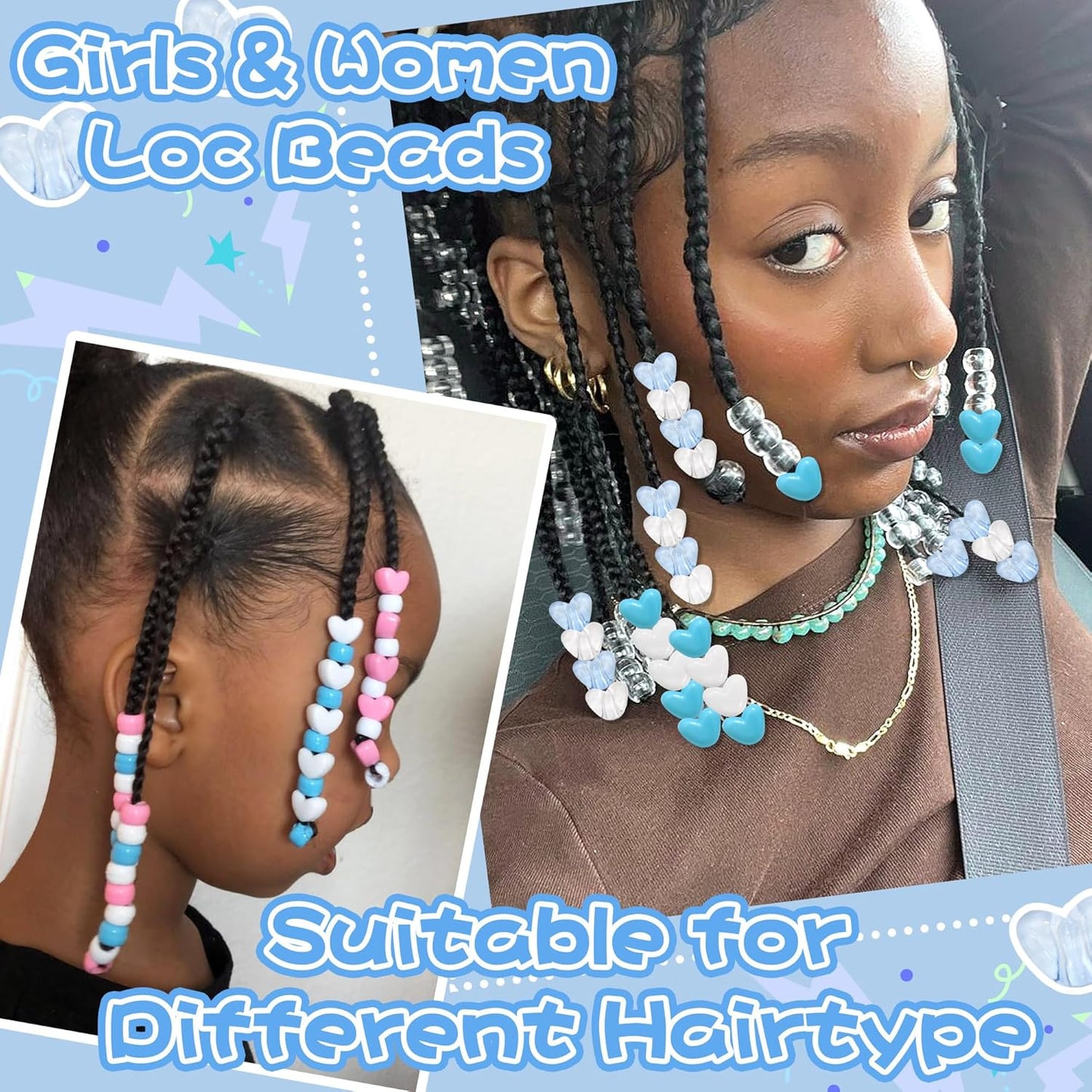 88PCS Pink White Hair Beads for Braids Lovely Heart Shape Loc Dreadlock Valentine's Day Bead Accessories Cute Acrylic Small Pony Beads for Kids Girls