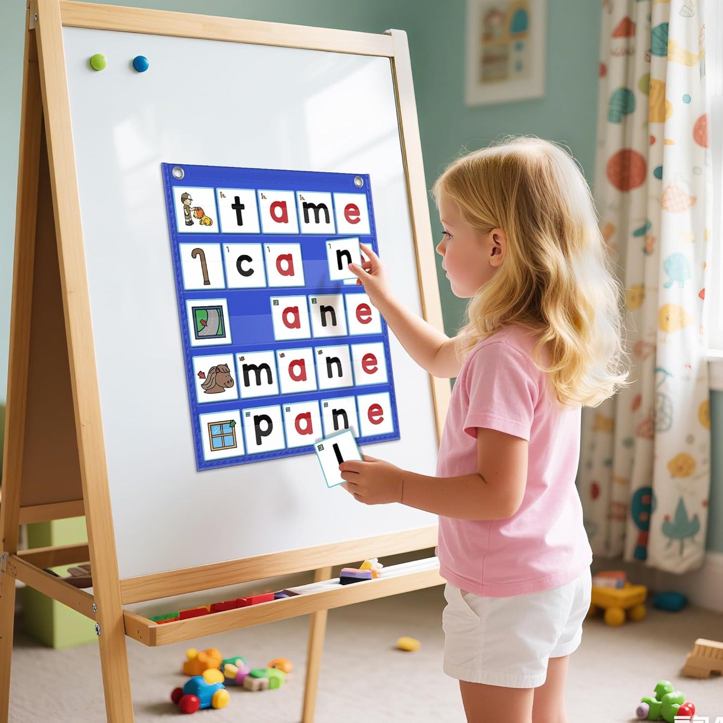 ABCxGOOD CVC Word Building Pocket Charts with 64 Phonics Flash Cards Kindergarten Classroom Must Haves, CVC Literacy Games for Beginners in Reading and Spelling.