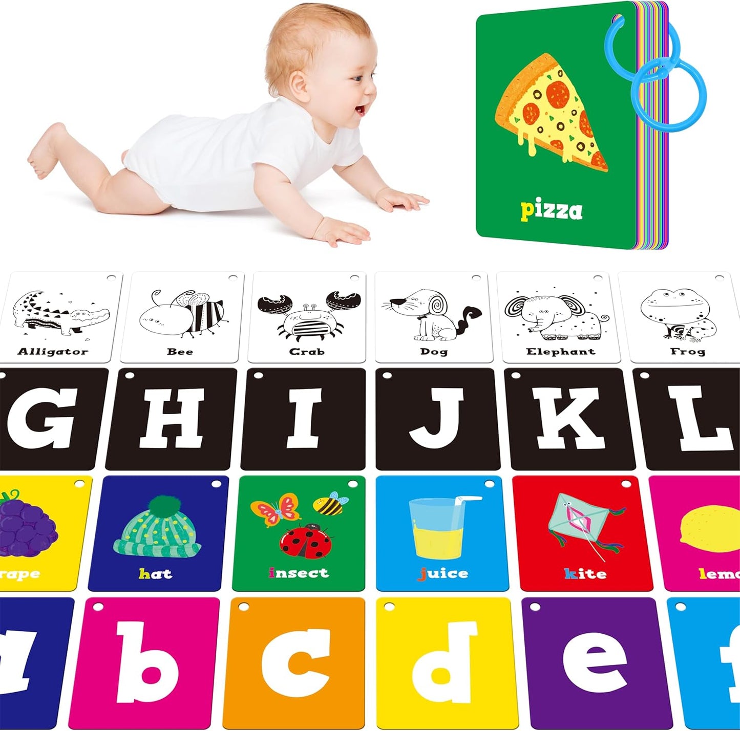 50 PCS Kid First Cognitive Flashcards,Double Sided Printed 7 in 1 Colorful Cards Alphabet,Numbers, Foods,Animals,Shapes,Colors with 3 Reclosable Rings,Learning Tool for Pre-K Kindergarten Toddlers