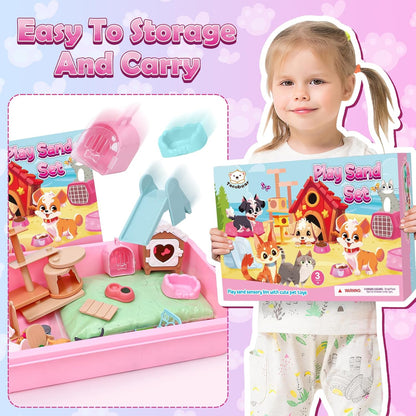 Lorfancy Dog Sandbox Toys Kids Play Sand Kit Toddler Sensory Bin Toy 2.2lbs Sand Pet Dog Figures Care Role Pretend Play Beach Toy Birthday Gift for Girls Boys 3 4 5 6 7 8 Years Old