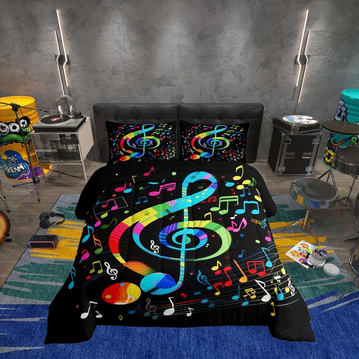 Erosebridal Drum Kit 3D Print Kids Comforter Sets Rock Music Themed Full Bedding Set for Boys Girls Musical Pattern Comforter Set,Colorful Retro Style Quilt Duvet 3 Pcs