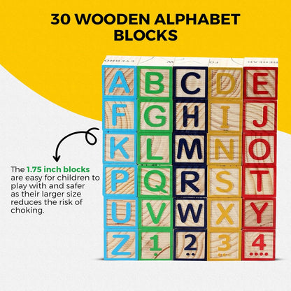 OWT Wooden Alphabet Blocks for Toddlers | 30 Piece Educational ABC Blocks with Letters, Numbers, Symbols & Sign Language | Baby Wooden Blocks for Stacking, Learning & Building Fun Ages 1-3+