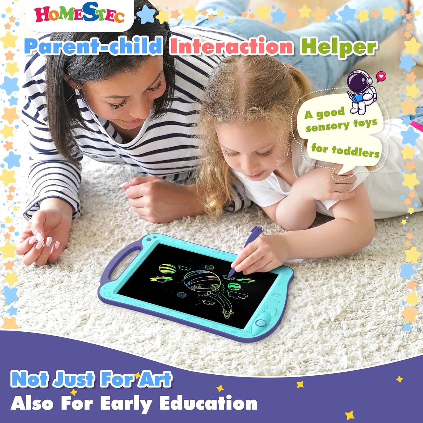 [ClimatePartner Certified] HOMESTEC Astrodraw Drawing Pad, Colorful LCD Writing Tablet for Kids, Doodle Board for Toddlers 3 4 5 6 Years Old, Travel Toy Birthday Gift for Boys Girls (Aqua/Purple)