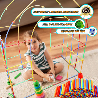 Ggiibro Straw Constructor Toys 600Pcs STEM Building Toy Interlocking Plastic Engineering Thin Tube Blocks Educational Kit for 3 4 5 6 7years Kids Boys and Girls Gift Preschool Toy with Storage Box
