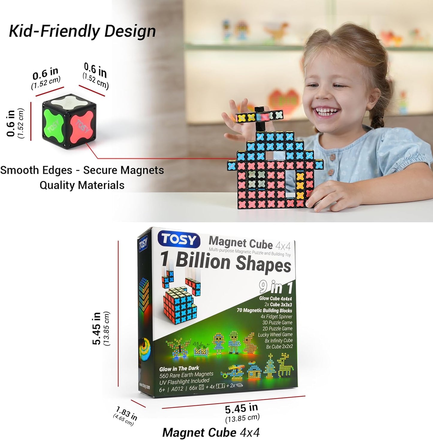 TOSY Magnet Cube 2x2 - 8 Blocks, 2in1 Toy: 2x2x2 Puzzle Cube and Customizable Infinity Cube, Easter Basket Stuffers Gifts for Kids/Grandkids, Glowing w/ UV Flashlight, STEM Toy, 2-Pack