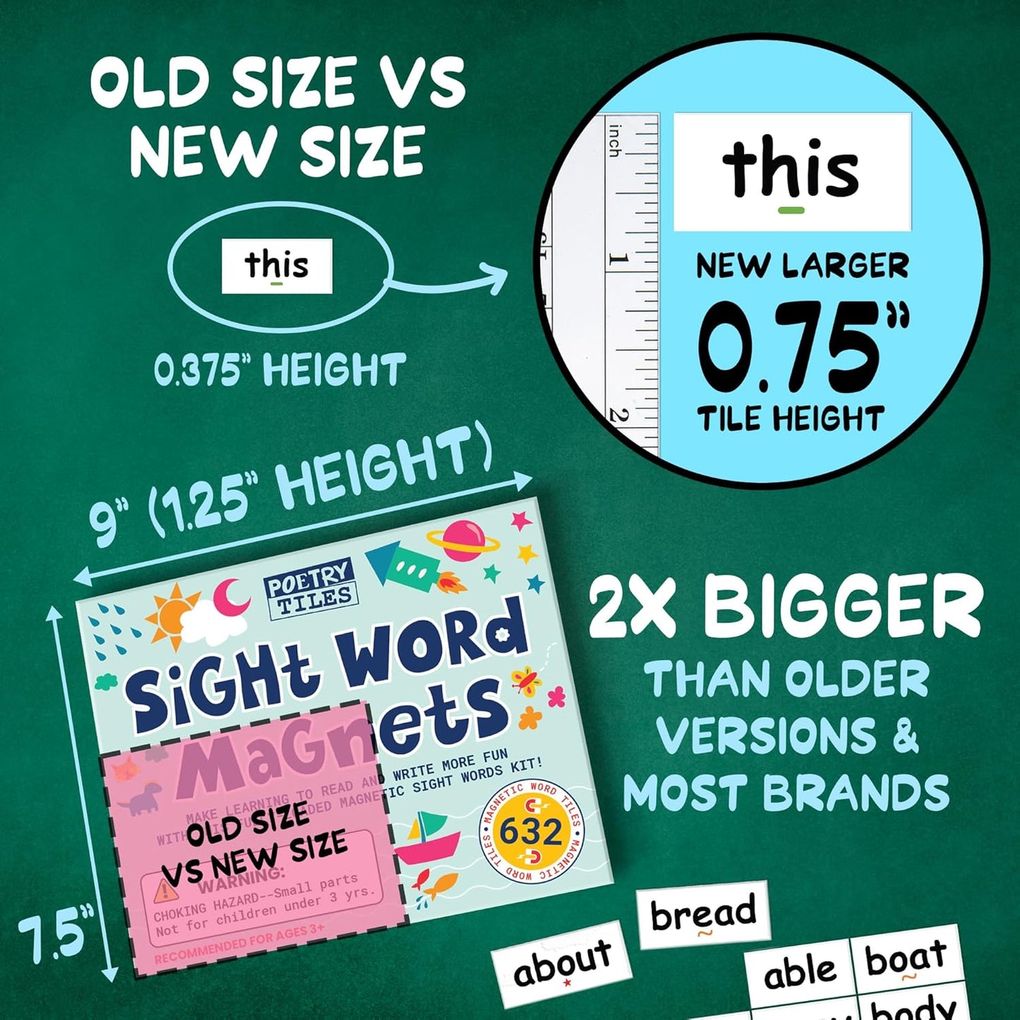 632 Sight Word Magnets – Large .75" Tall Tiles to Learn Reading and Writing with Magnetic Fridge Words - Homeschool or Classroom Tool for Pre-K, Kindergarten, Grades 1-3