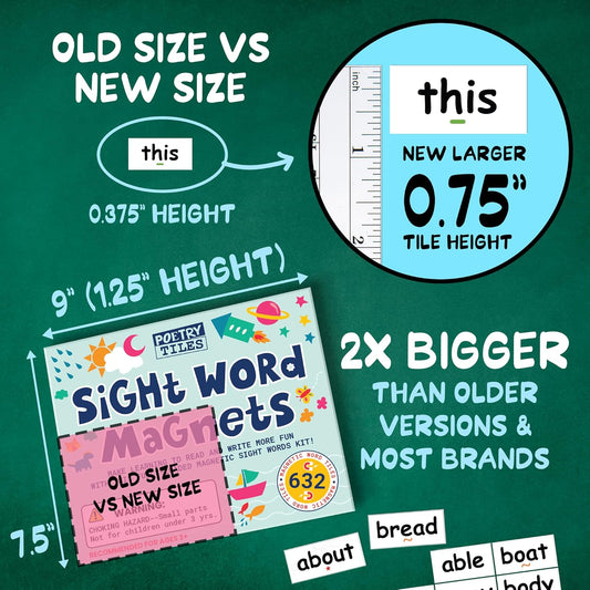 632 Sight Word Magnets – Large .75" Tall Tiles to Learn Reading and Writing with Magnetic Fridge Words - Homeschool or Classroom Tool for Pre-K, Kindergarten, Grades 1-3