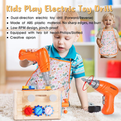 REXBETI Kids Tool Set with Electric Drill, 43Pcs Wooden Toddler Tool Bench with Apron, Educational Montessori Toys for 3 Year Old Boys, Toddler Tool Set, Birthday Gifts for 3 4 5 Year Old Boy Girl