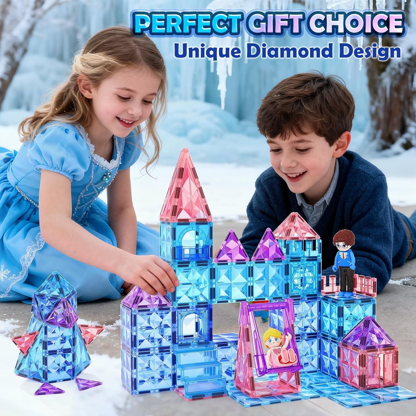 Coodoo Diamond Magnetic Tiles Magnetic Building Blocks STEM Sensory Toy for Boys Girls Pink Castle Dollhouse Pretend Princess Toys for 3 4 5 6 Year Old Girls Toys Birthday Xmas Present