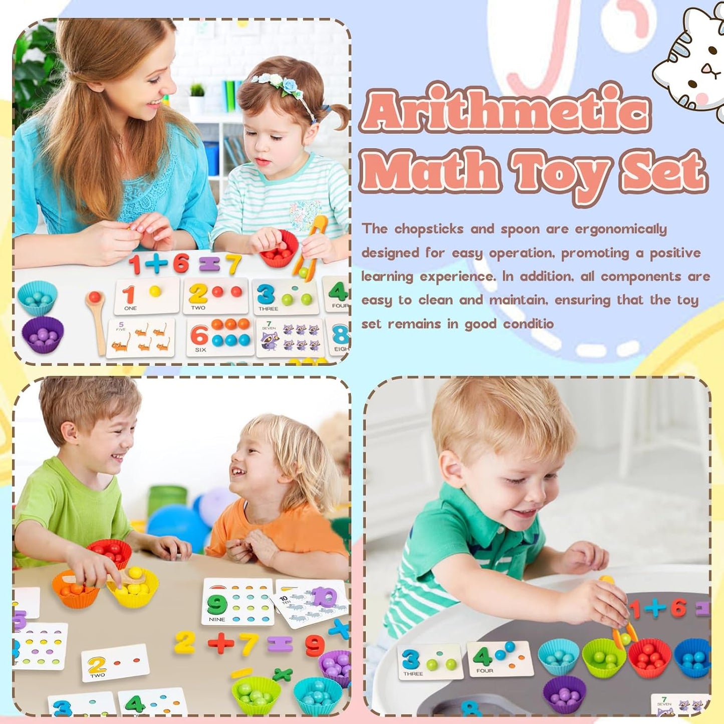 Montessori Arithmetic Math Toy Set, Montessori Arithmetic Kit, Silicone Number Learning with Beads, Number Cognitive Clip Bead Matching Gamefor Early Childhood Educational Activities (1Set)