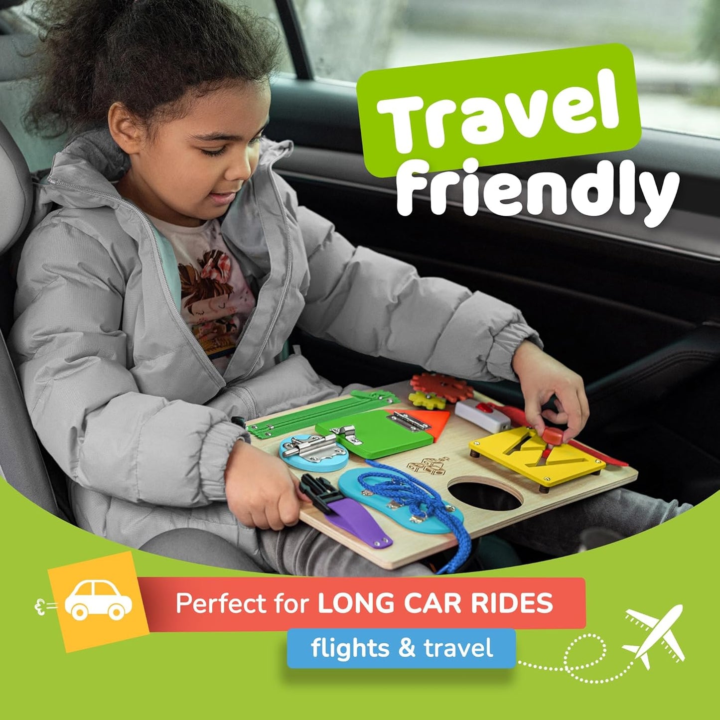 deMoca Toddler Busy Board for 1 Year Old, Travel Baby Wooden Montessori Busy Board for Toddlers 1–3, Switch and Fidget Activities for Early Motor Skills and Travel Play