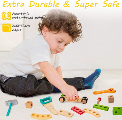 WOOOMAM Kids Tool Set, 90 PCS Wooden Toddler Tool Set with Box and Flash Cards, Tool Kit for Kids Age 3-5 Years, Toddler Boy Toys, FSC Certified Material