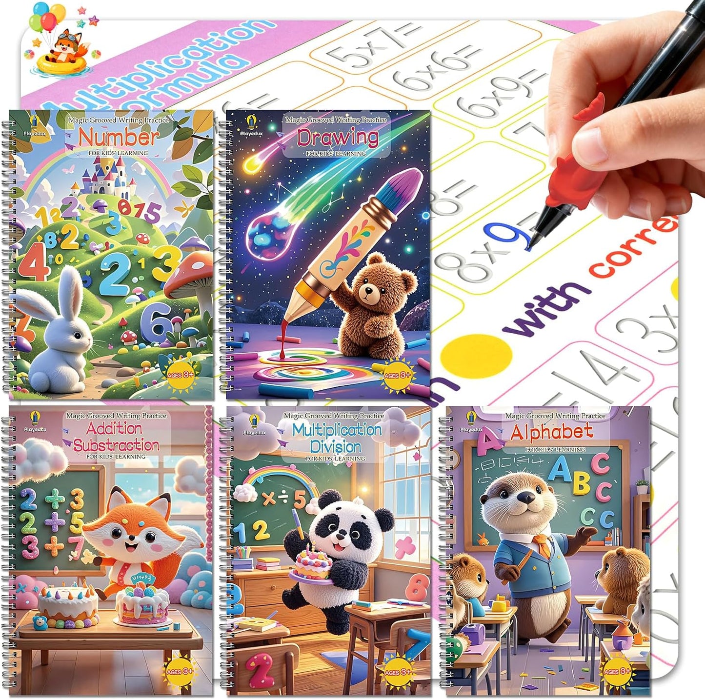 PIRIE 5 Pack Reusable Magic Grooved Handwriting Workbooks with 3D Patterns, Pens, Gripper & 10 Pen Refills, for Kids 3 - 8, Colorful Illustrations, Covering Alphabet, Math & Drawing, Boosting Fine Motor & Cognitive Skills