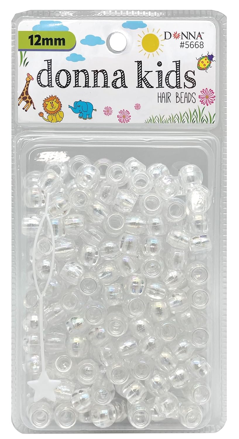 DONNA Kids Hair Beads 12 mm (170 pcs) – Clear Pearl Pony Beads with Threading Tool – Fun Braiding & Craft Accessories for Girls