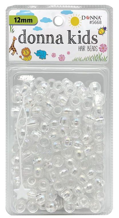 DONNA Kids Hair Beads 12 mm (170 pcs) – Clear Pearl Pony Beads with Threading Tool – Fun Braiding & Craft Accessories for Girls