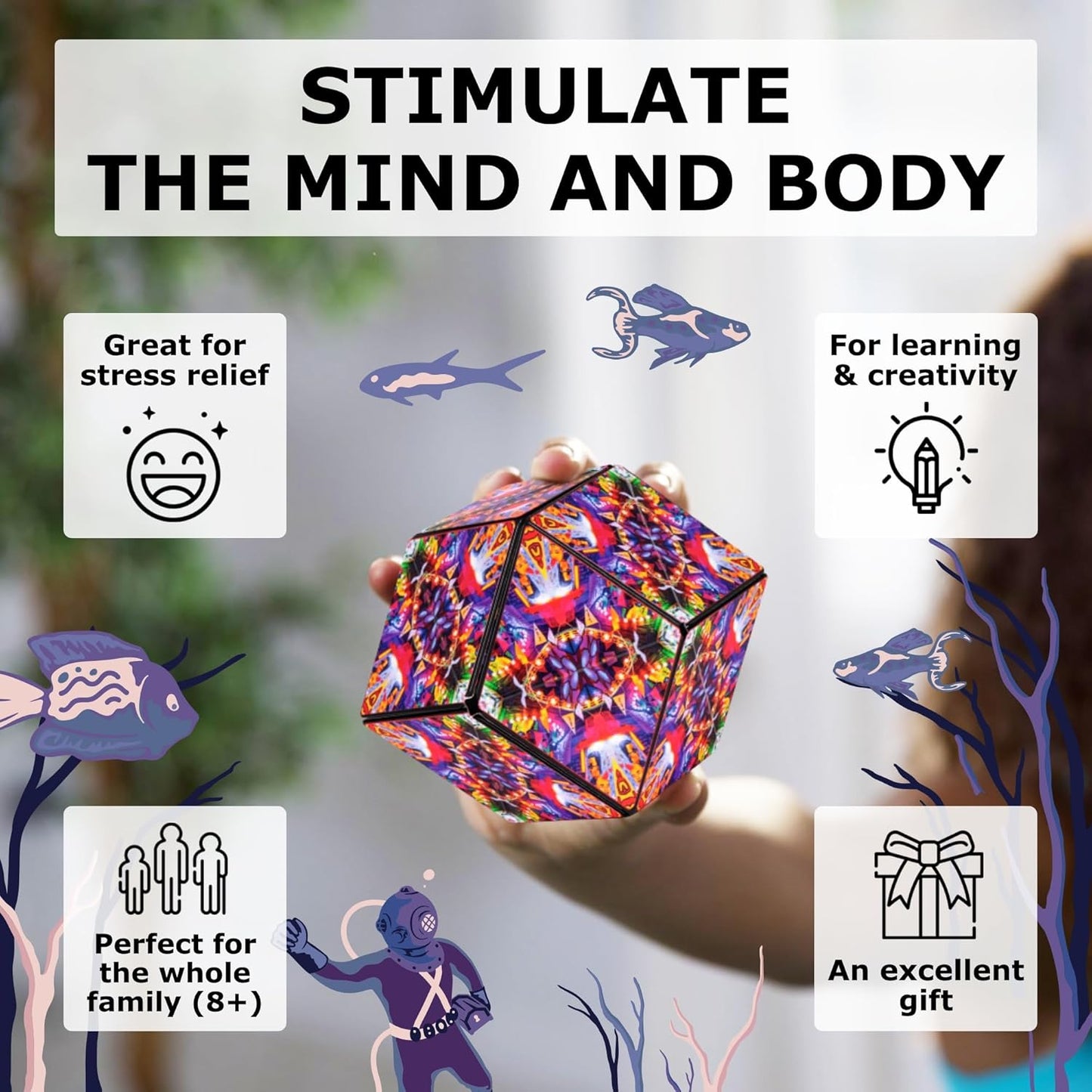 Shashibo Shape Shifting Box - Award-Winning STEM Fidget Toy with Ultra Strong Magnets - Puzzle Cube Transforms Into 100+ Shapes, Perfect Sensory Gift for Kids, Teens, and Adults (Glowquarium)