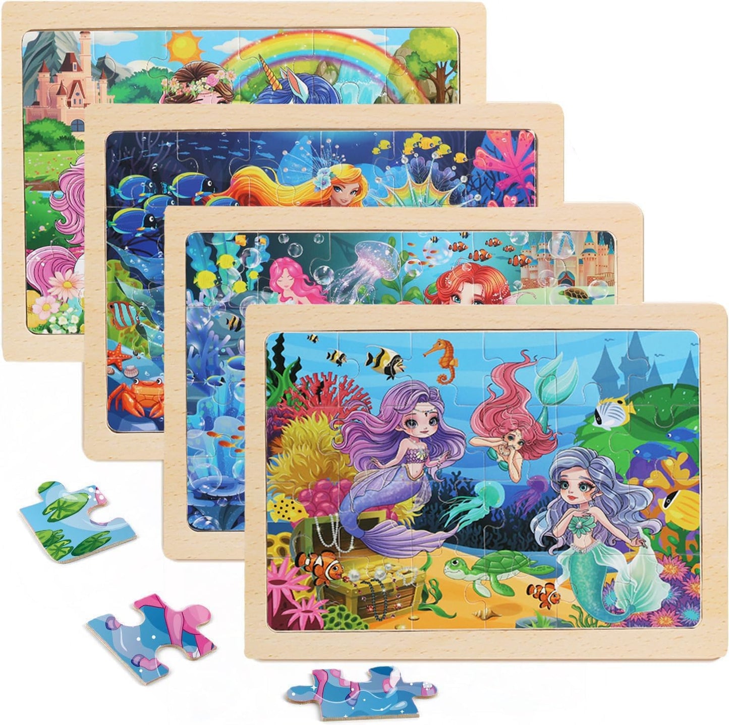 4 Sets of Wooden Puzzles, Each Set has 24 Pieces, Including Castle Unicorn Princess, for Toddlers 3-5, Puzzles for Kids Ages 4-6, Preschool Educational Brain Teaser Toys for Girls 3 4 5 6 Years Old.