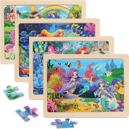 4 Sets of Wooden Puzzles, Each Set has 24 Pieces, Including Castle Unicorn Princess, for Toddlers 3-5, Puzzles for Kids Ages 4-6, Preschool Educational Brain Teaser Toys for Girls 3 4 5 6 Years Old.