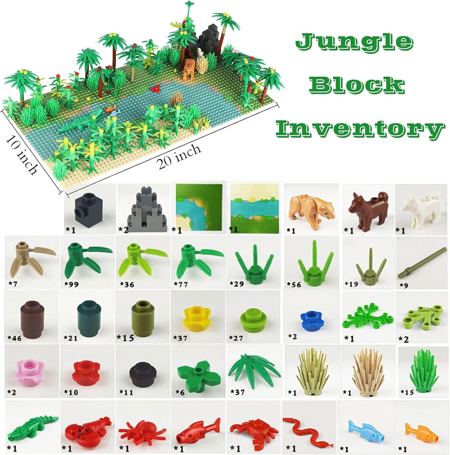 Jungle Trees Building Bricks with 2 Base Plates (10 x 10 inch),Rainforest Plants Flowers Bushes Animals Kit, Botanical Parts Scenery Toys for Kids and Adults