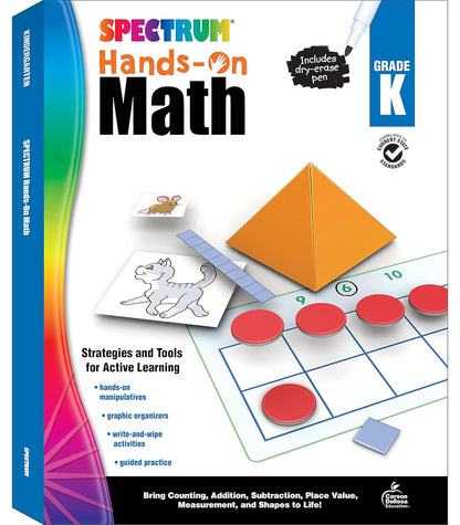 Spectrum Hands-on Math Kindergarten Workbooks, Activity Book for Kids Ages 5 to 6 With Manipulatives and Dry Erase Activities Covering Addition, Subtraction, Place Value, and More Mathematics (Volume 52)
