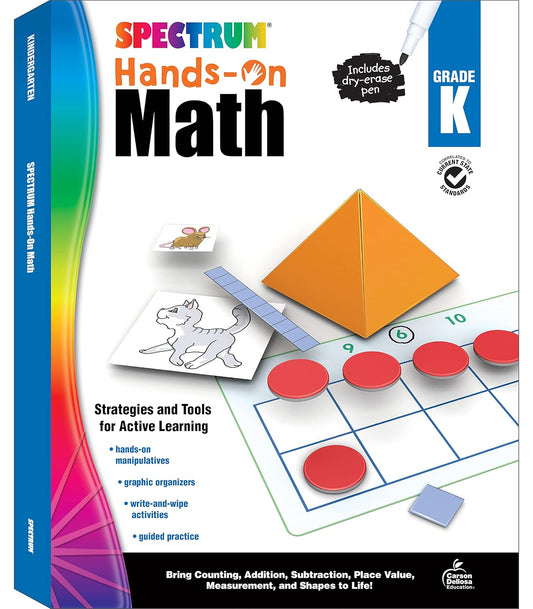Spectrum Hands-on Math Kindergarten Workbooks, Activity Book for Kids Ages 5 to 6 With Manipulatives and Dry Erase Activities Covering Addition, Subtraction, Place Value, and More Mathematics (Volume 52)