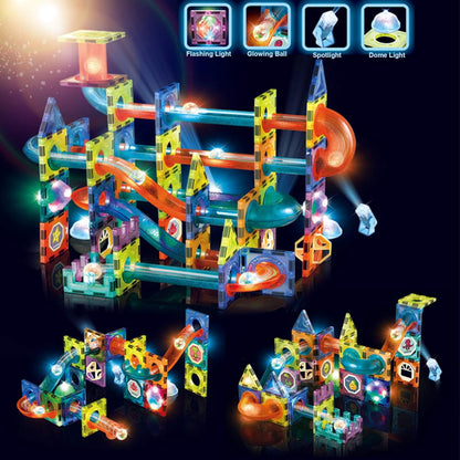 Glowing Magnetic Tiles Marble Run Race Track Super Set - 110 Complete Pieces Glow in The Dark STEM Light Magnetic Building Blocks Gravity Marble Maze Games for Toddlers Kids Boys Girls Ages 3+ Years