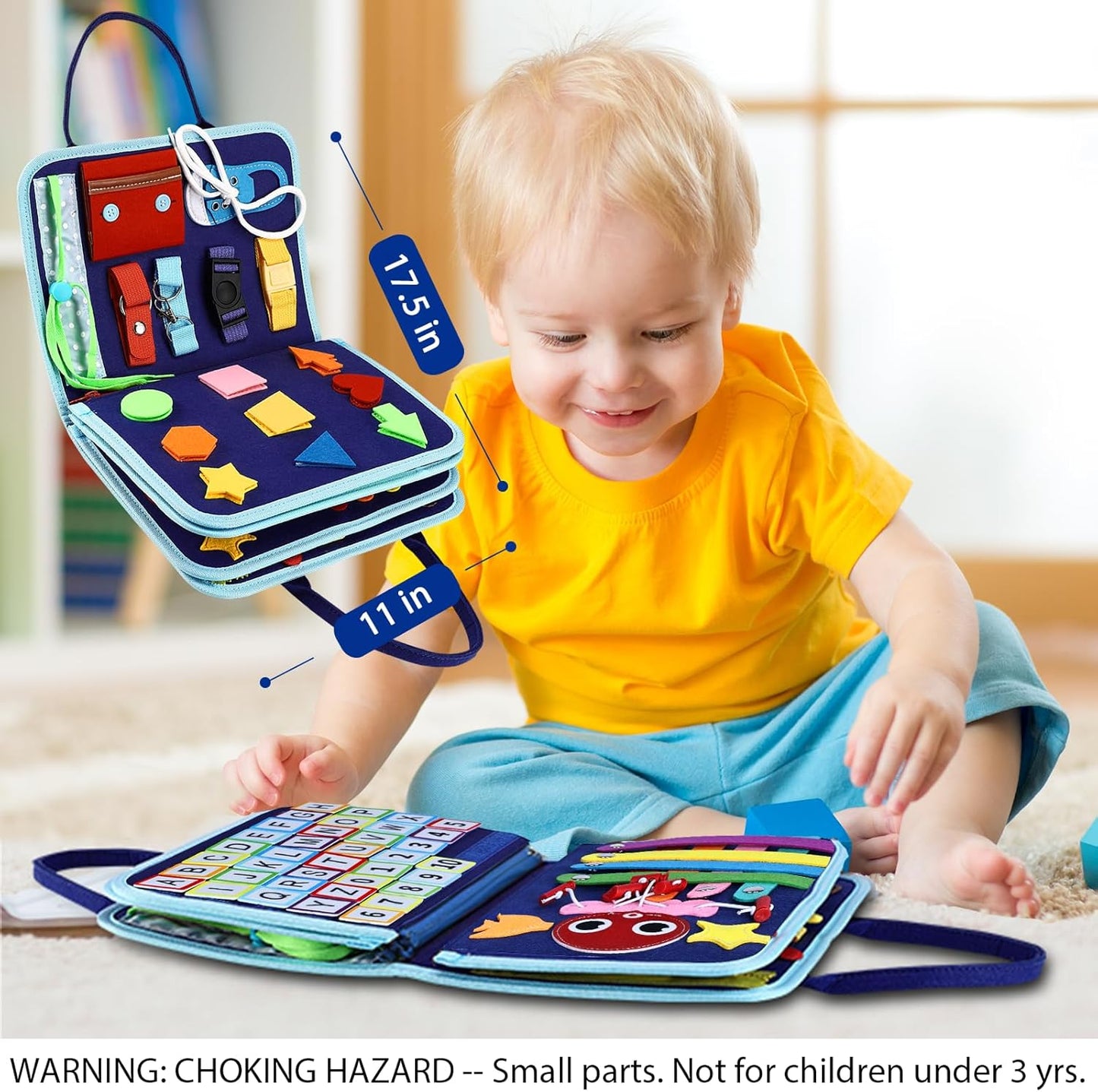Esjay Toddler Busy Board Montessori Toys for Boys Girls, Sensory Book Educational Activities for Learning Fine Motor Skills, Birthday Gifts for Toddlers, Travel Toys for Airplane Car, White Dinosaur