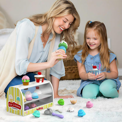 Ice Cream Play Set for Kids - Gifts for 2 3 4 Year Old Girls, Ice Cream Toy Counter Shop Pretend Play Food with Apron, Scoop, Menu, Fake Money, Toys Gifts for Boys Toddlers Ages 2-4 3-5