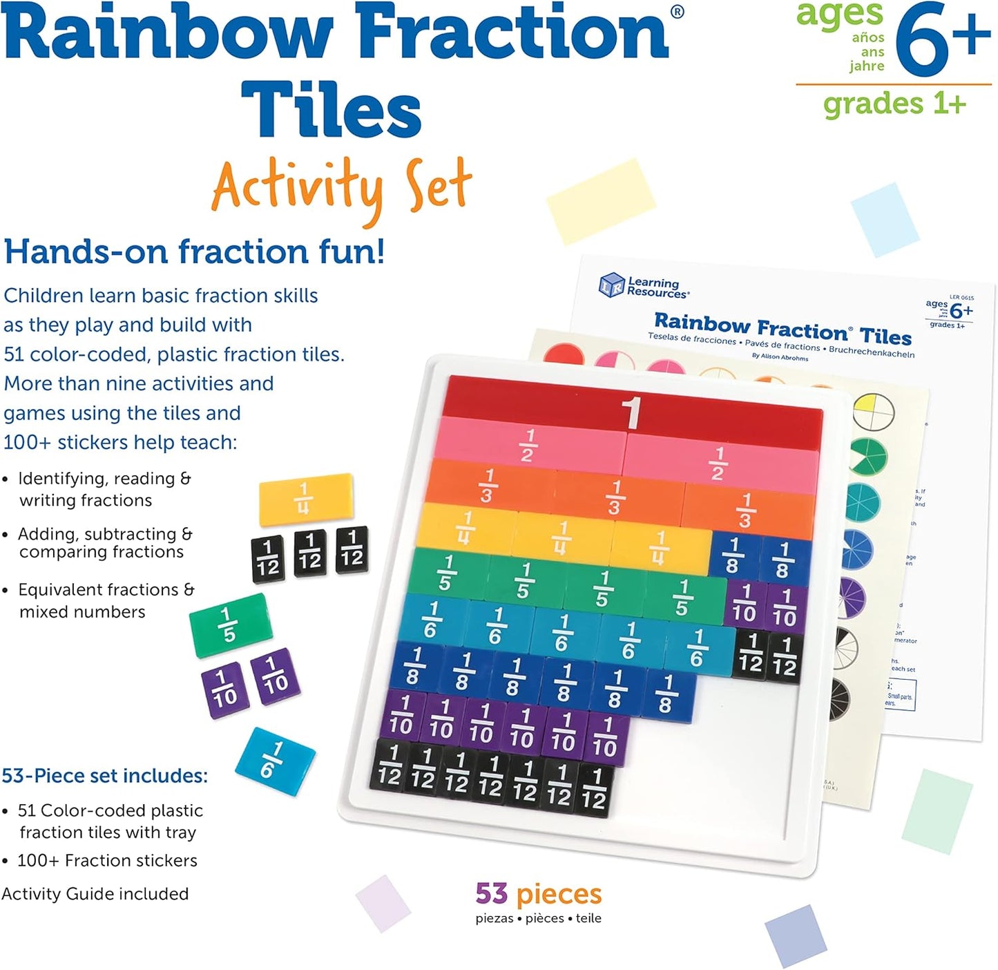 Learning Resources Rainbow Fraction Tiles - 54 Pieces, Ages 6+ Early Math Skills, Visual Aid, Math for Kids, Teacher Supplies