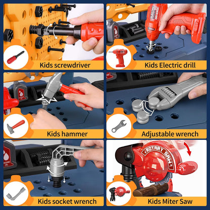 Jovow Kids Tool Bench with Realistic Tools and Electric Drill, Suitable for 3-5 Year Olds to Build Their Own Toy Workbench, 79 Pcs Realistic Toy Tools with Clothes, 32 x 26.6 x 14.4 in-Blue