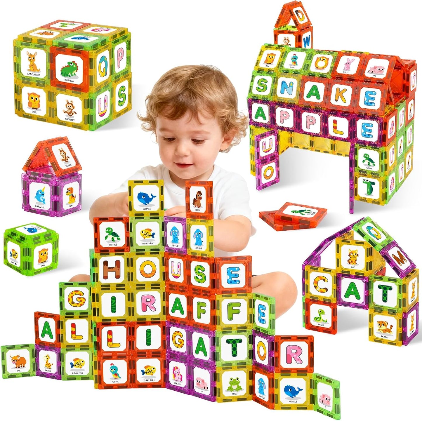 Magnetic Tiles Letters Learning Toys, Animals Alphabet ABC Magnets for Kids 1-3 2-4 3-5, Toddlers Classroom Must Haves Construction Stacking Toys, Teacher Educational Supplies for Preschool Spelling
